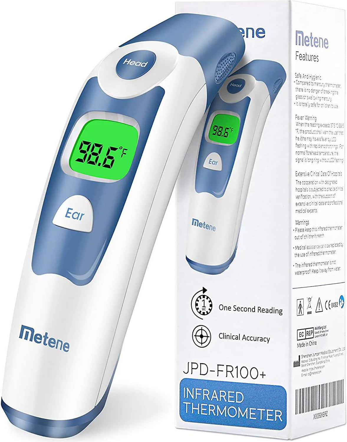 Metene Forehead and Ear Thermometer, Infrared Thermometer for Baby & Kid & Adult, 1s Fast Reading with 2 Colors Backlight Fever Alarm and 20 Memories Recall