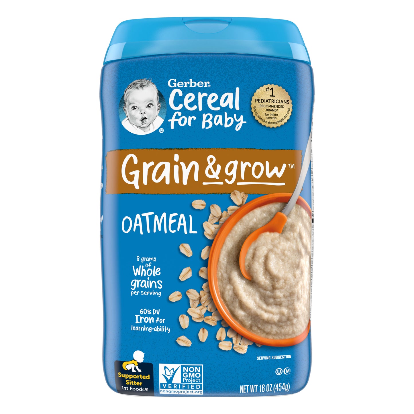 Gerber 1st Foods Cereal for Baby Grain &amp; Grow Baby Cereal, Oatmeal, 16 oz Canister