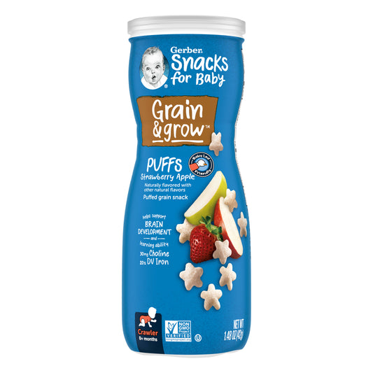 Gerber Snacks for Baby Grain &amp; Grow Puffs, Strawberry Apple, 1.48 oz Canister