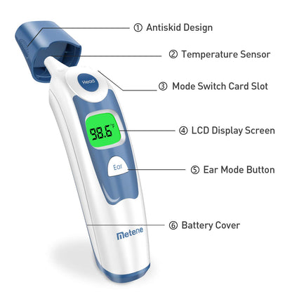 Metene Forehead and Ear Thermometer, Infrared Thermometer for Baby & Kid & Adult, 1s Fast Reading with 2 Colors Backlight Fever Alarm and 20 Memories Recall