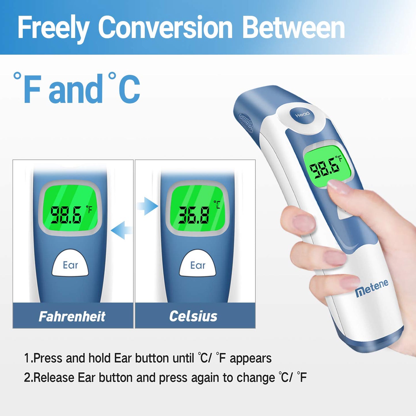 Metene Forehead and Ear Thermometer, Infrared Thermometer for Baby & Kid & Adult, 1s Fast Reading with 2 Colors Backlight Fever Alarm and 20 Memories Recall