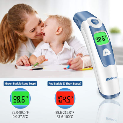 Metene Forehead and Ear Thermometer, Infrared Thermometer for Baby & Kid & Adult, 1s Fast Reading with 2 Colors Backlight Fever Alarm and 20 Memories Recall