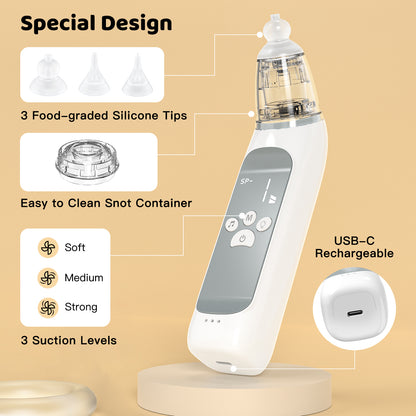 FEBFOXS Baby Nasal Aspirator, Baby Nose Sucker, Electric Nose Aspirator for Toddler, Automatic Baby Nose Cleaner with 3 Suction Level & Music & Light, White